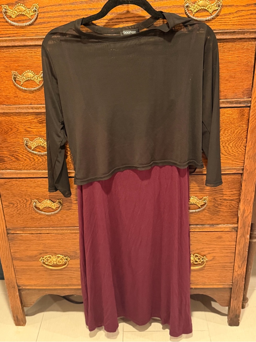 boohoo Black Cropped Top with Burgundy Maxi Dress Two-Piece Set
